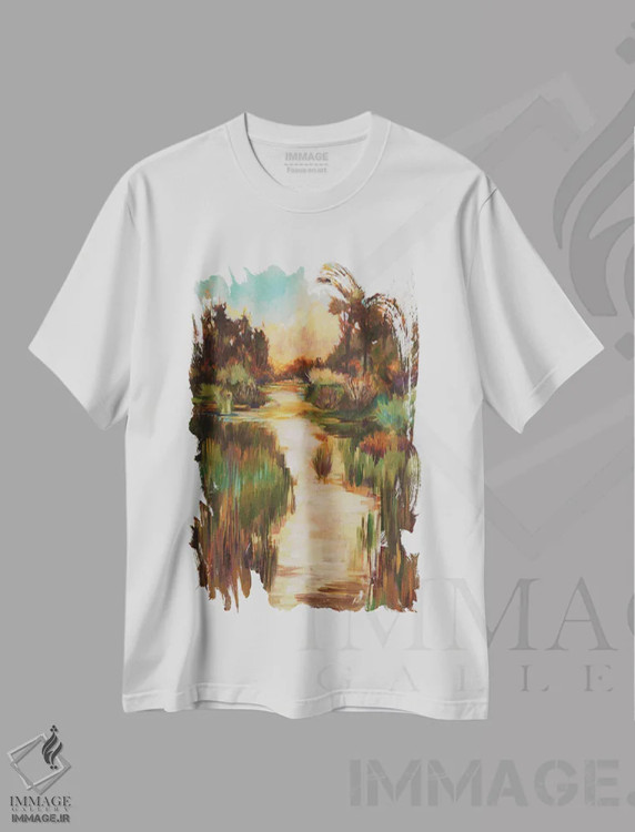 تیشرت سفید طرح دار مسیر پاخورده، دکور کلبه و لژ اثر لیز جاردین | فروشگاه ایماژ
