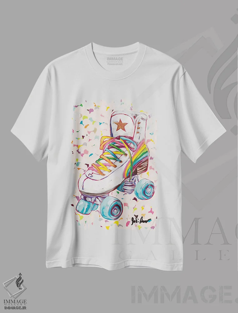 تیشرت سفید طرح دار رنگین کمان رترو، دکور معاصر اثر جودی آگوستین | immage.ir