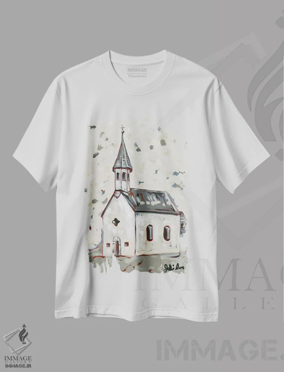 تیشرت سفید طرح دار این است مناره کلیسا، دکور روستایی اثر جودی آگوستین | فروشگاه ایماژ