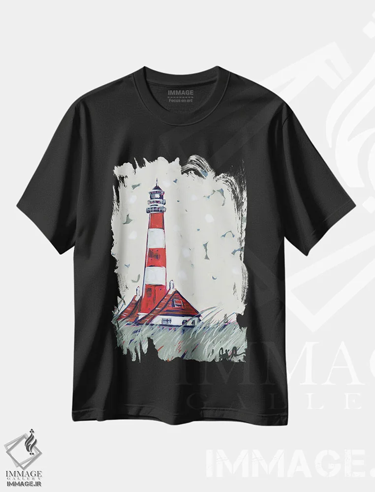تیشرت مشکی طرح دار فانوس دریایی پاپ II، دکور ساحلی اثر جودی آگوستین | immage.ir