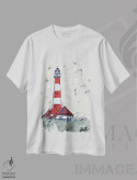 تیشرت سفید طرح دار فانوس دریایی پاپ II، دکور ساحلی اثر جودی آگوستین | فروشگاه ایماژ
