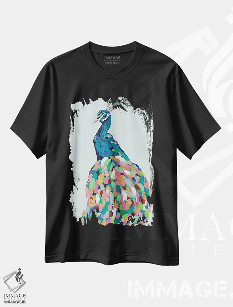 تیشرت مشکی طرح دار طاووس پاپ II، دکور بوهمی اثر جودی آگوستین | فروشگاه ایماژ
