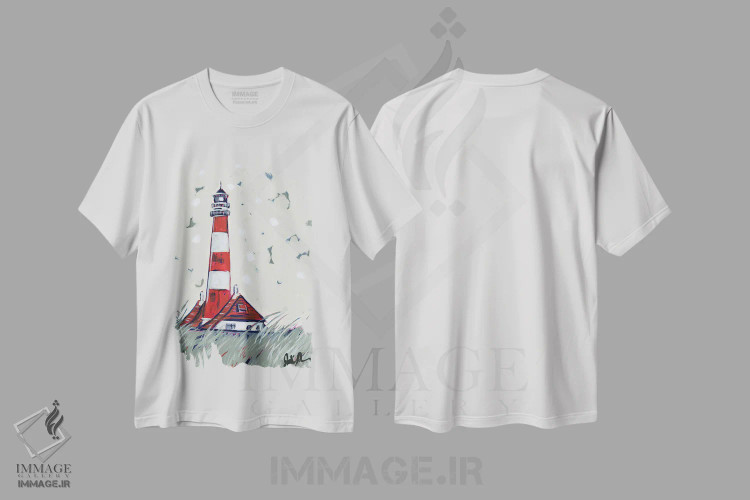 تیشرت سفید طرح دار فانوس دریایی پاپ II، دکور ساحلی اثر جودی آگوستین | فروشگاه ایماژ