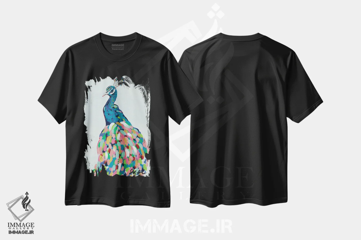 تیشرت مشکی طرح دار طاووس پاپ II، دکور بوهمی اثر جودی آگوستین | فروشگاه ایماژ
