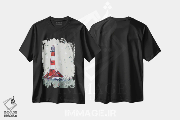 تیشرت مشکی طرح دار فانوس دریایی پاپ II، دکور ساحلی اثر جودی آگوستین | immage.ir
