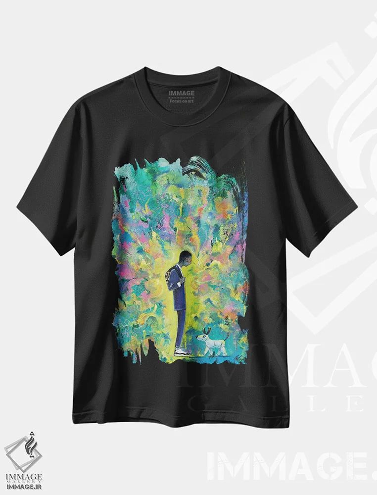 تیشرت مشکی طرح دار جوانی با سگ رباتی، مدیوم اثر جک آوتیسیان | فروشگاه ایماژ