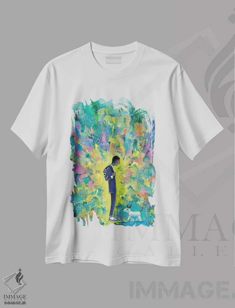 تیشرت سفید طرح دار جوانی با سگ رباتی، مدیوم اثر جک آوتیسیان | immage.ir