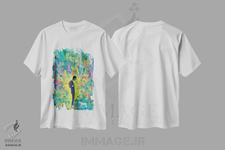 تیشرت سفید طرح دار جوانی با سگ رباتی، مدیوم اثر جک آوتیسیان | immage.ir
