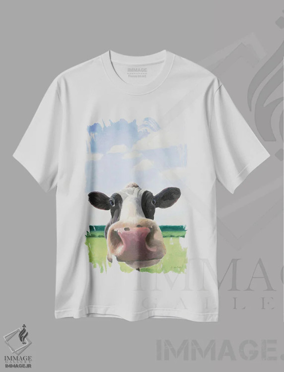 تیشرت سفید طرح دار گاو بامزه، دکور معاصر اثر جیمز وینس | فروشگاه ایماژ