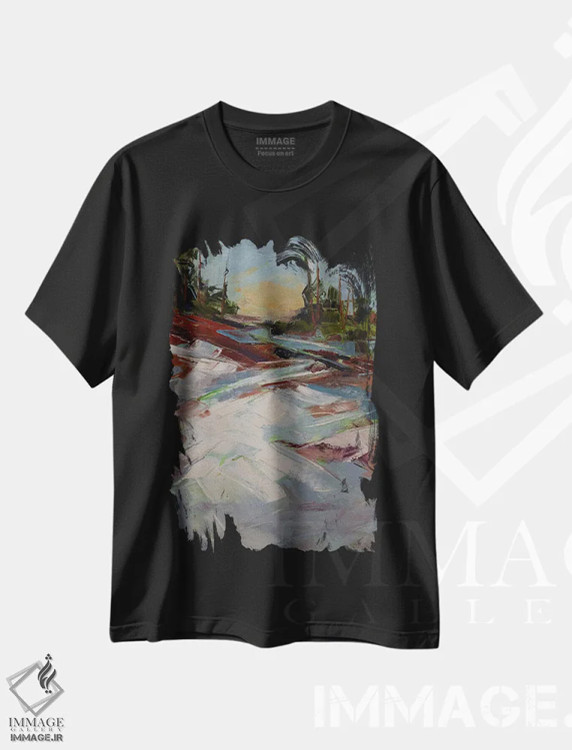 تیشرت مشکی طرح دار صخره های قرمز و برف، دکور کلبه و لژ اثر جودی آهرنز | فروشگاه ایماژ