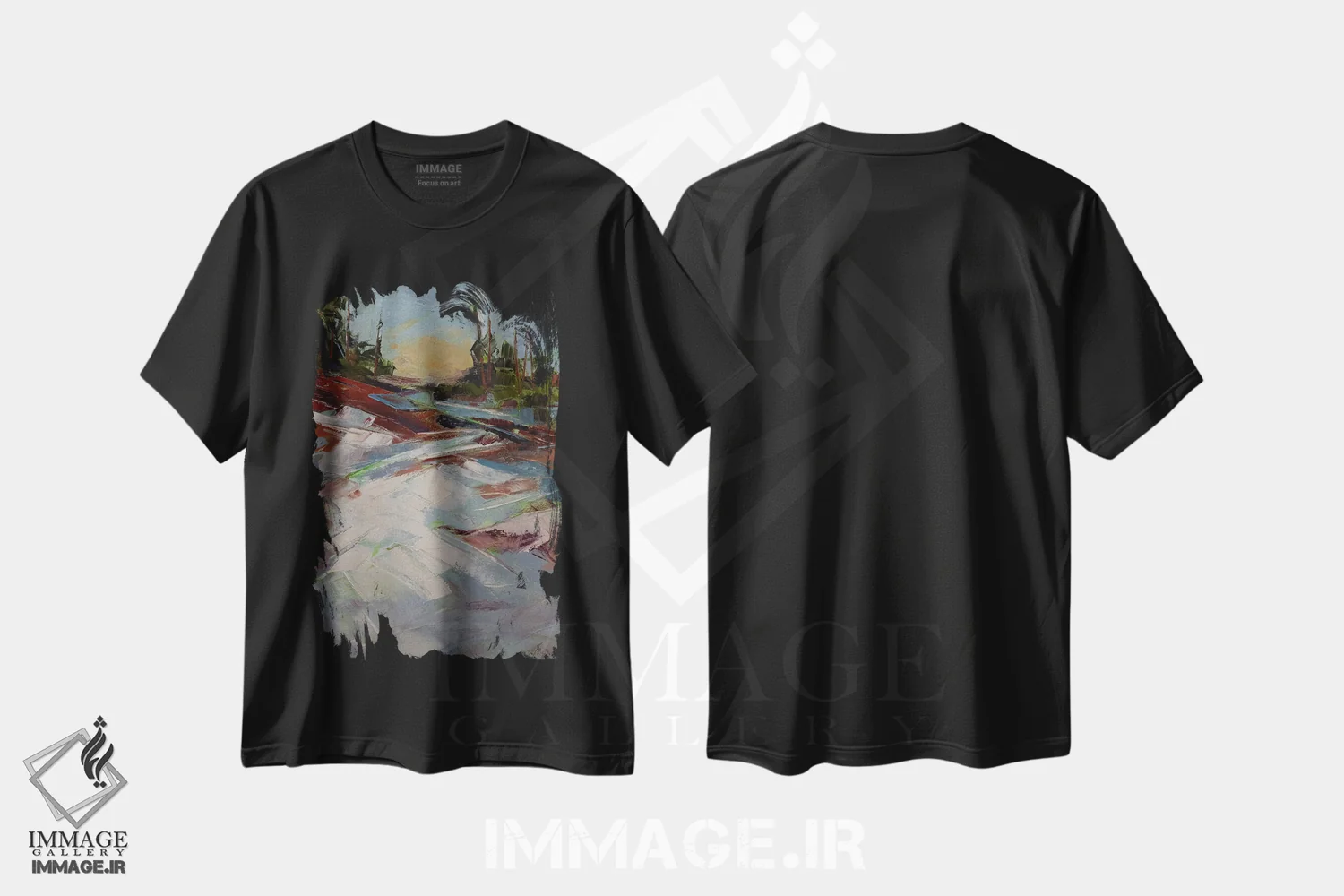 تیشرت مشکی طرح دار صخره های قرمز و برف، دکور کلبه و لژ اثر جودی آهرنز | فروشگاه ایماژ