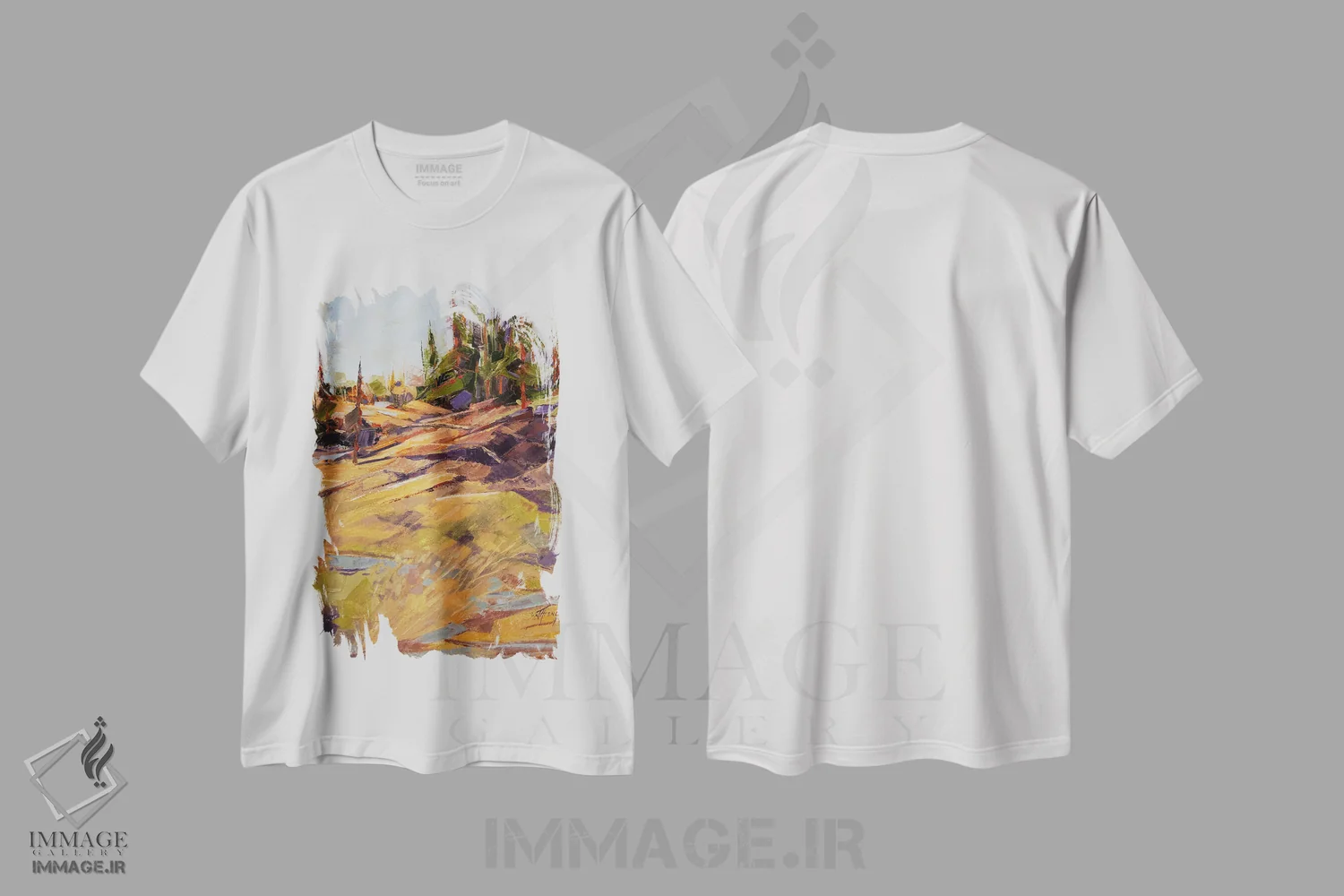 تیشرت سفید طرح دار دامنه زرد، دکور کلبه و لژ اثر جودی آهرنز | فروشگاه ایماژ