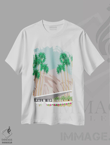 تیشرت سفید طرح دار هتل پالم اسپرینگز، تزئینی اثر جن بوچلی | فروشگاه ایماژ