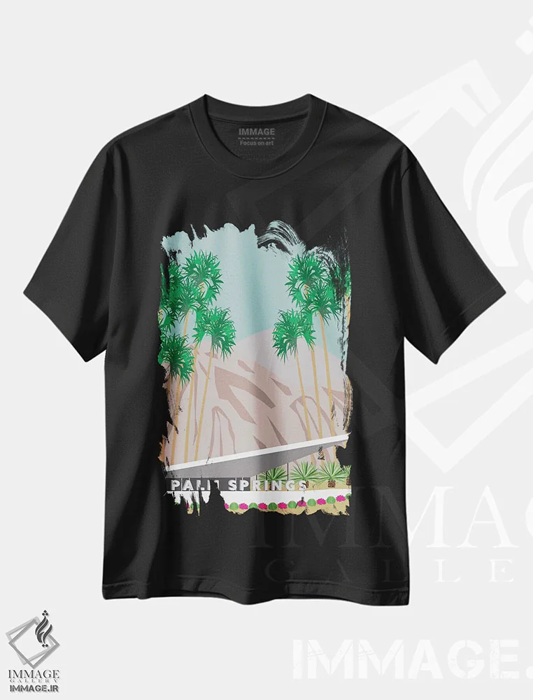 تیشرت مشکی طرح دار هتل پالم اسپرینگز، تزئینی اثر جن بوچلی | immage.ir