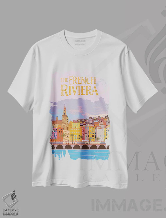 تیشرت سفید طرح دار ساحل فرنچ ریویرا، هنر دیجیتال اثر جن بوچلی | immage.ir