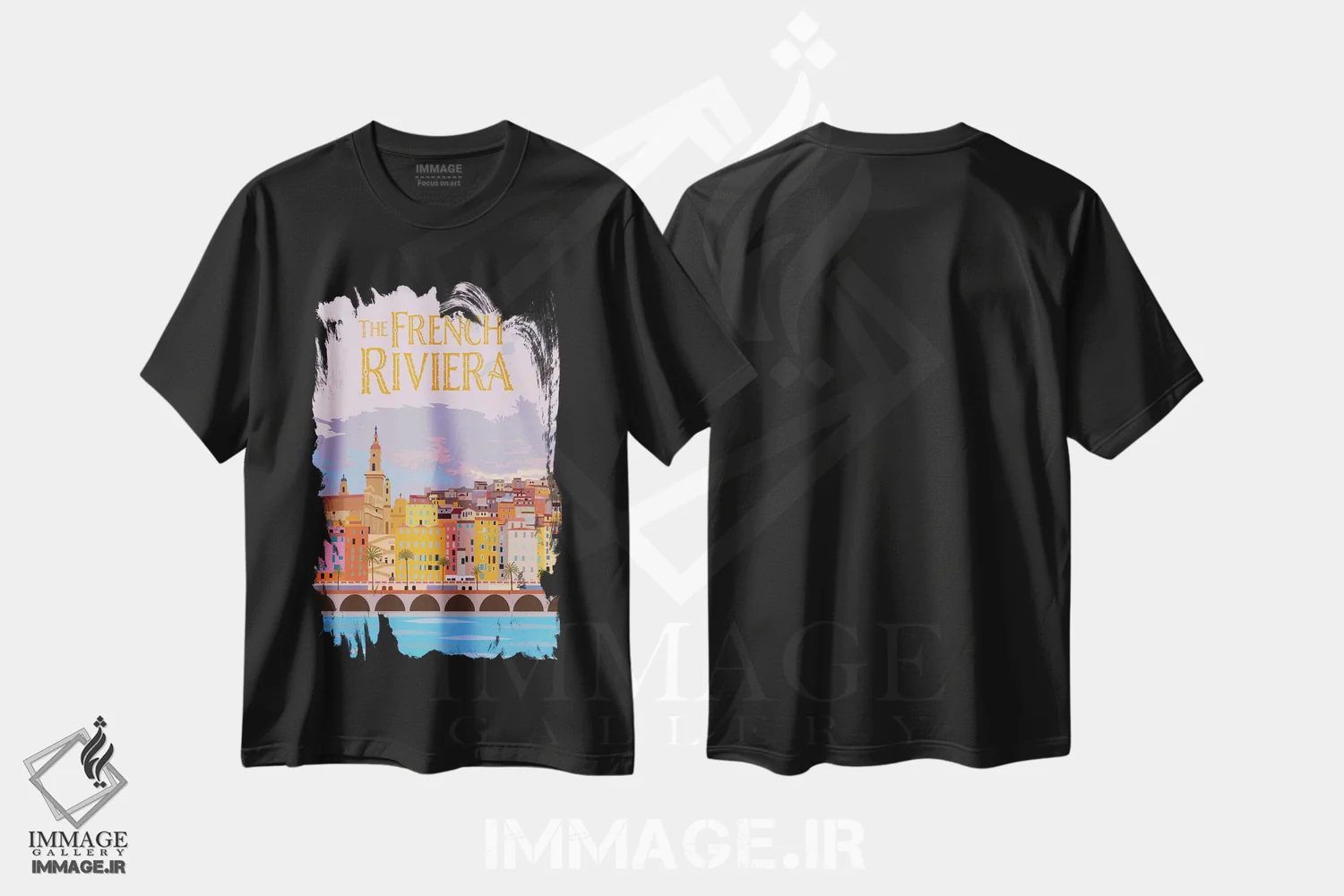 تیشرت مشکی طرح دار ساحل فرنچ ریویرا، هنر دیجیتال اثر جن بوچلی | فروشگاه ایماژ