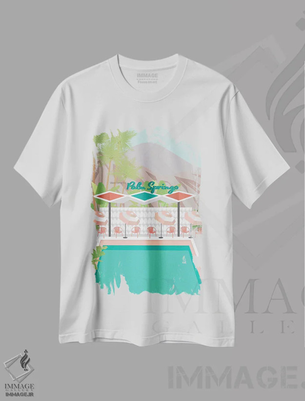 تیشرت سفید طرح دار خوش آمدی به پالم اسپرینگز، تزئینی اثر جن بوچلی | فروشگاه ایماژ