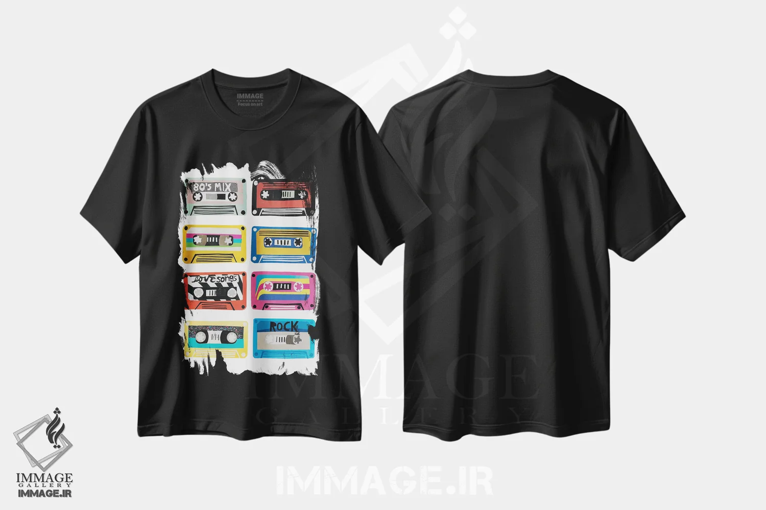 تیشرت مشکی طرح دار نوارکاست های میکس رترو، تزئینی اثر جن بوچلی | فروشگاه ایماژ