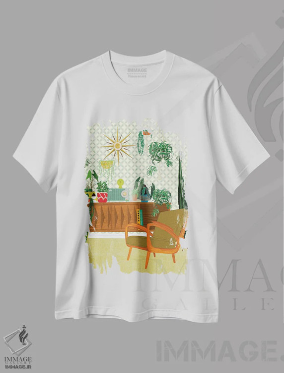 تیشرت سفید طرح دار اتاق نشیمن با گیاهان، تزئینی اثر جن بوچلی | فروشگاه ایماژ