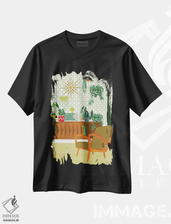 تیشرت مشکی طرح دار اتاق نشیمن با گیاهان، تزئینی اثر جن بوچلی | immage.ir