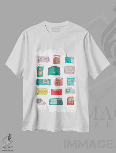 تیشرت سفید طرح دار رادیوهای رترو، تزئینی اثر جن بوچلی | فروشگاه ایماژ