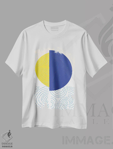 تیشرت سفید طرح دار دایره های مدرن آبی و زرد I، تزئینی اثر جن بوچلی | فروشگاه ایماژ