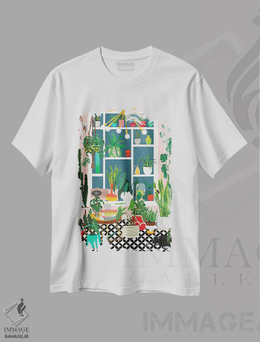 تیشرت سفید طرح دار اتاقک روشن گیاهان، دکور بوهمی اثر جن بوچلی | فروشگاه ایماژ