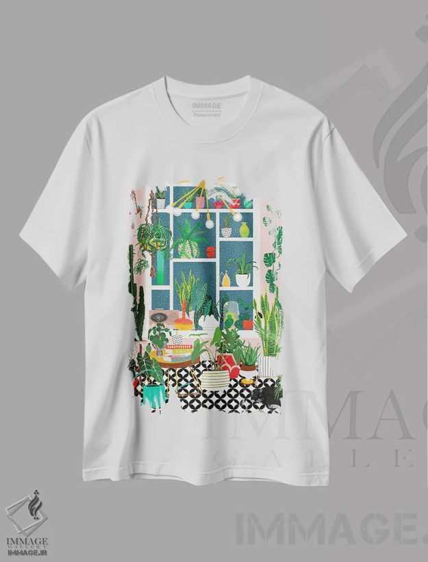 تیشرت سفید طرح دار اتاقک روشن گیاهان، دکور بوهمی اثر جن بوچلی | فروشگاه ایماژ