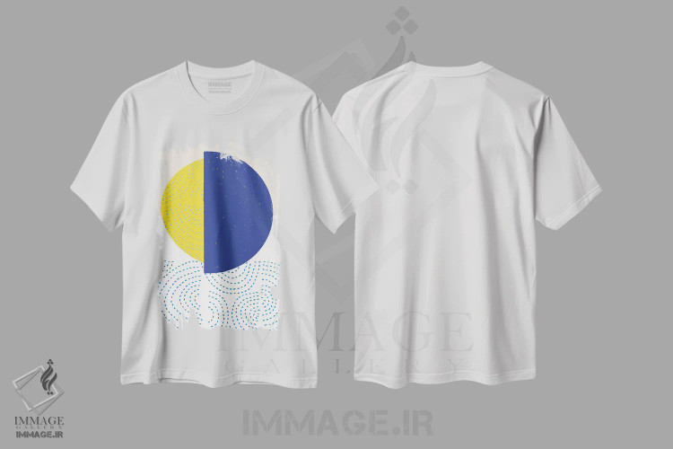 تیشرت سفید طرح دار دایره های مدرن آبی و زرد I، تزئینی اثر جن بوچلی | فروشگاه ایماژ