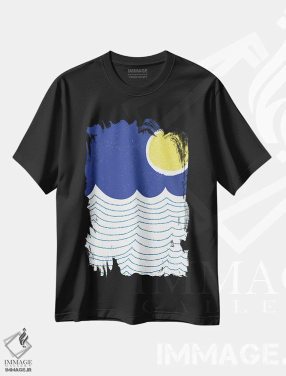 تیشرت مشکی طرح دار دایره های مدرن آبی و زرد II، دکور ساحلی اثر جن بوچلی | فروشگاه ایماژ