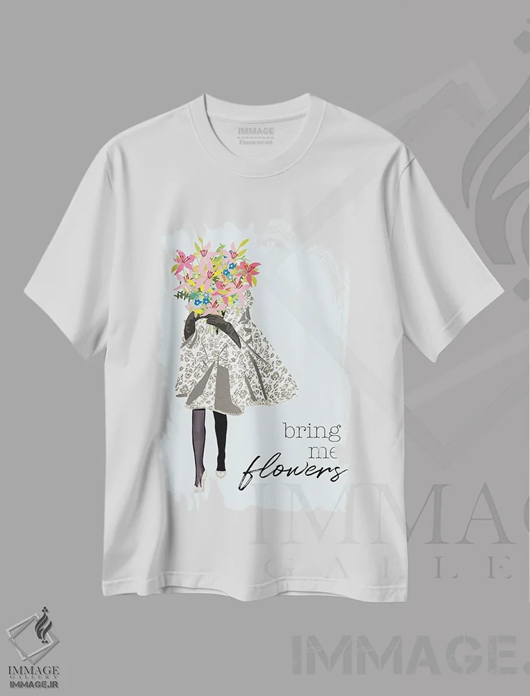 تیشرت سفید طرح دار برایم گل بیاور، تزئینی اثر جن بوچلی | immage.ir