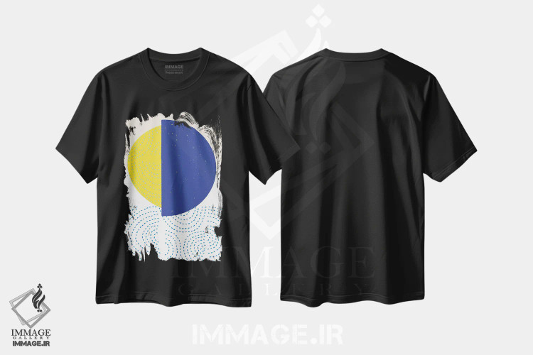 تیشرت مشکی طرح دار دایره های مدرن آبی و زرد I، تزئینی اثر جن بوچلی | immage.ir