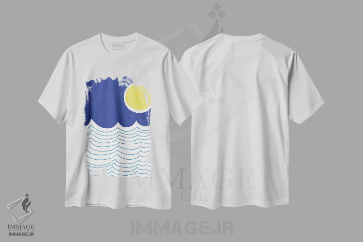 تیشرت سفید طرح دار دایره های مدرن آبی و زرد II، دکور ساحلی اثر جن بوچلی | immage.ir