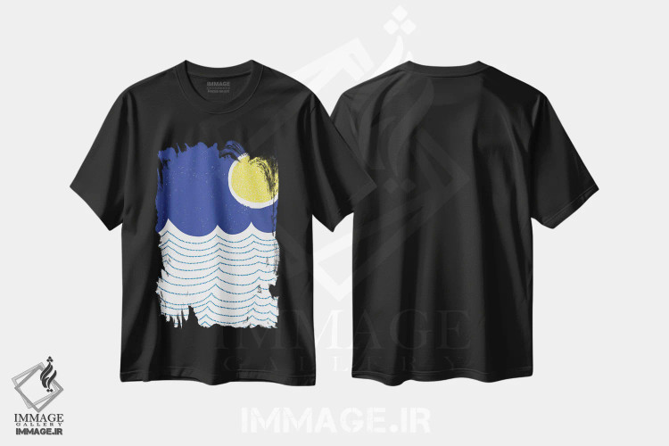 تیشرت مشکی طرح دار دایره های مدرن آبی و زرد II، دکور ساحلی اثر جن بوچلی | فروشگاه ایماژ