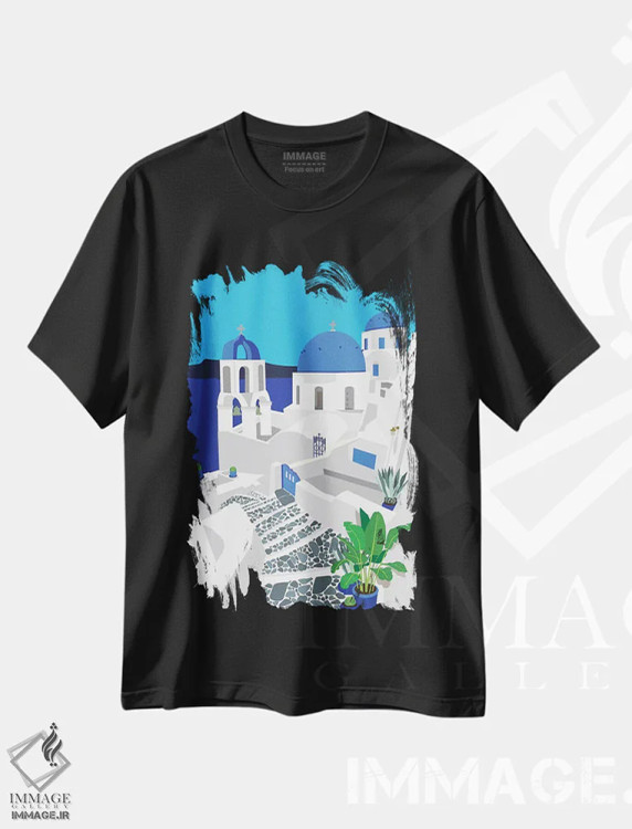 تیشرت مشکی طرح دار سانتورینی، تزئینی اثر جن بوچلی | فروشگاه ایماژ