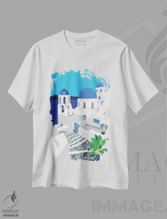 تیشرت سفید طرح دار سانتورینی، تزئینی اثر جن بوچلی | immage.ir