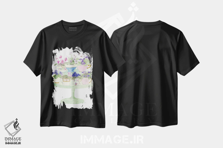 تیشرت مشکی طرح دار فنجان های چای گلدار، تزئینی اثر جن بوچلی | فروشگاه ایماژ