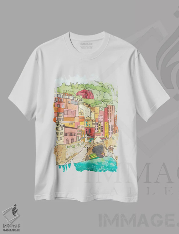 تیشرت سفید طرح دار روستا کنار رودخانه، دکور معاصر اثر جن بوچلی | immage.ir