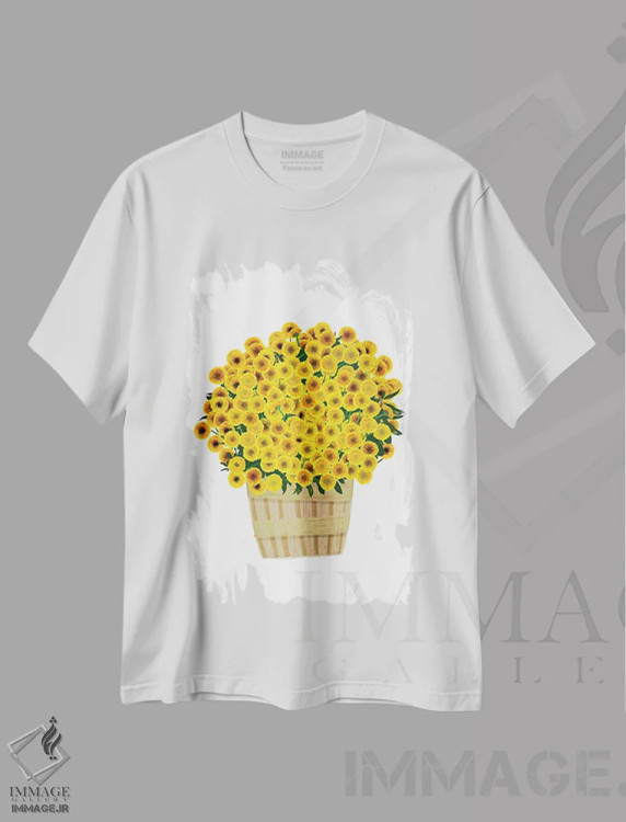 تیشرت سفید طرح دار داوودی های زرد، دکور روستایی اثر جن بوچلی | فروشگاه ایماژ