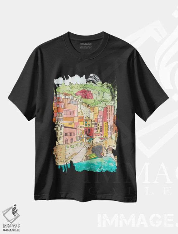 تیشرت مشکی طرح دار روستا کنار رودخانه، دکور معاصر اثر جن بوچلی | فروشگاه ایماژ