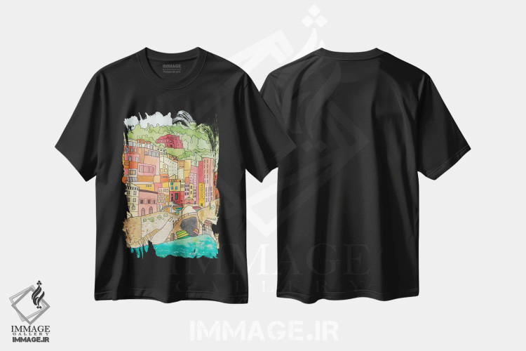 تیشرت مشکی طرح دار روستا کنار رودخانه، دکور معاصر اثر جن بوچلی | فروشگاه ایماژ