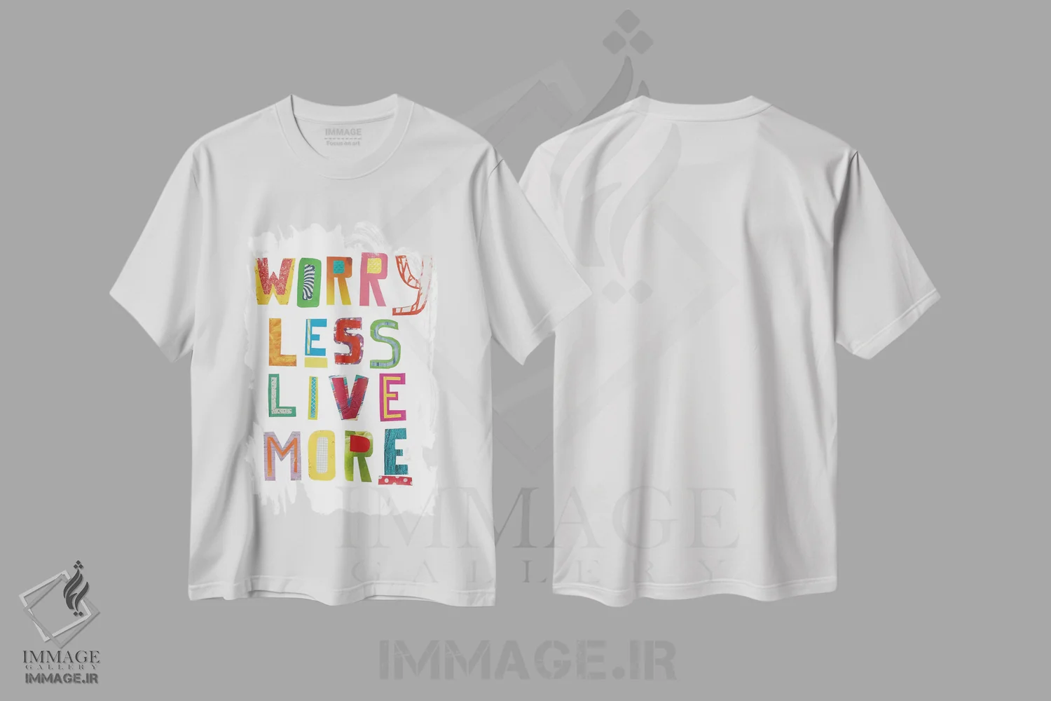 تیشرت سفید طرح دار کمتر نگران باش، بیشتر زندگی کن، تایپوگرافی اثر جن بوچلی | فروشگاه ایماژ