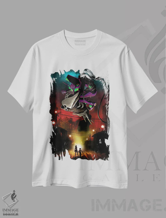 تیشرت سفید طرح دار اوانگلیون، انیمه اثر جاشوا بودیچ | immage.ir