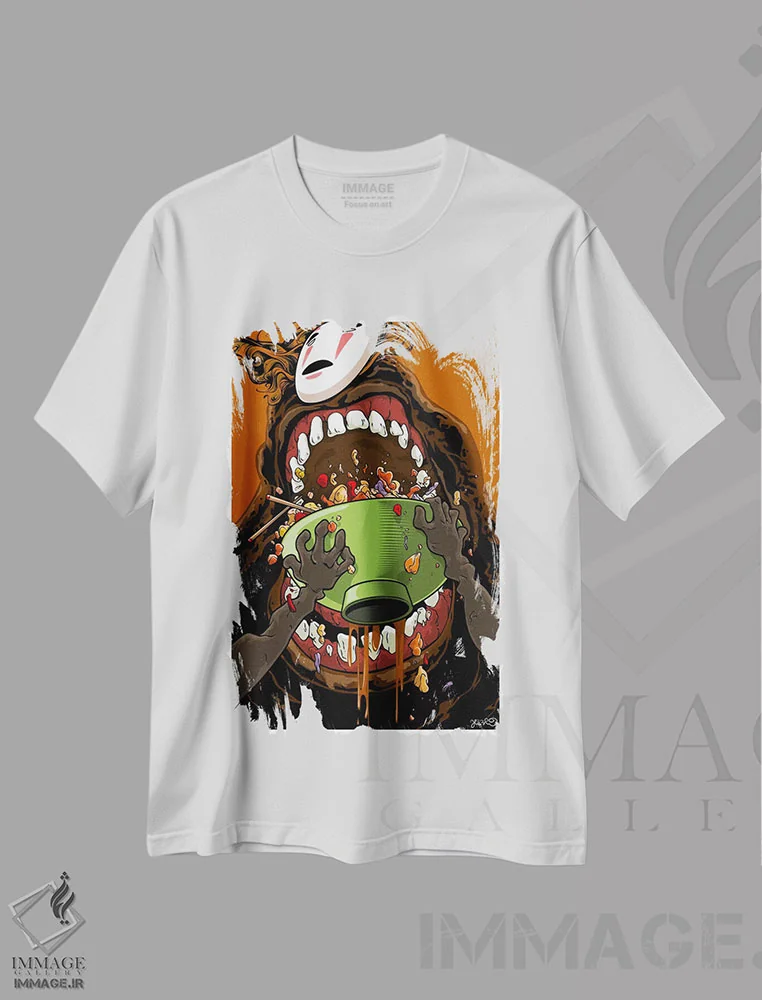 تیشرت سفید طرح دار شهر ارواح: بی چهره، انیمه اثر جاشوا بودیچ | فروشگاه ایماژ