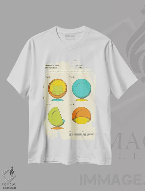 تیشرت سفید طرح دار حق اختراع صندلی گلوب ائرو آرنیو، تزئینی اثر جازبری بلو | فروشگاه ایماژ