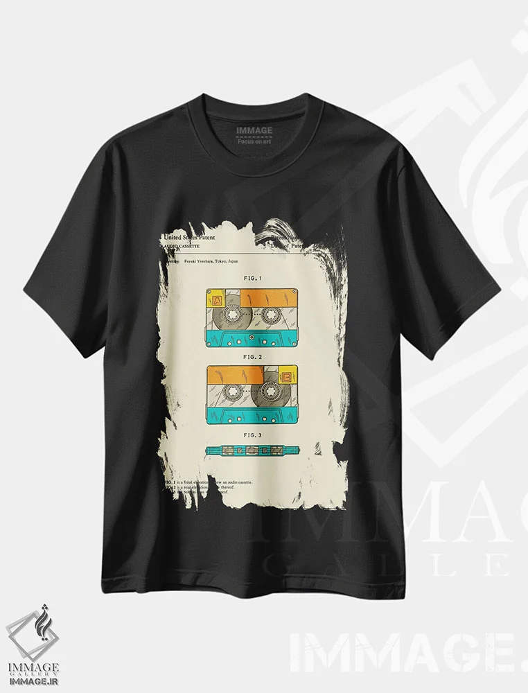 تیشرت مشکی طرح دار حق اختراع نوار کاست صوتی فویوکی یونهارا، هنر دیجیتال اثر جازبری بلو | فروشگاه ایماژ