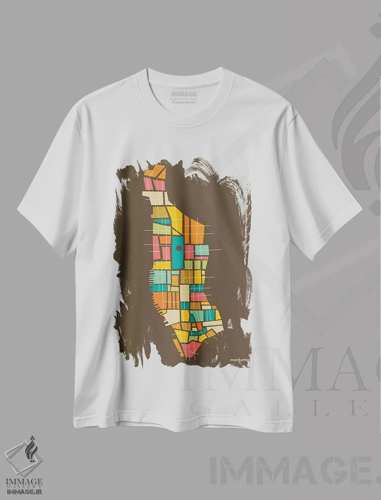 تیشرت سفید طرح دار نقشه انتزاعی محله های منهتن، آبستره اثر جازبری بلو | immage.ir