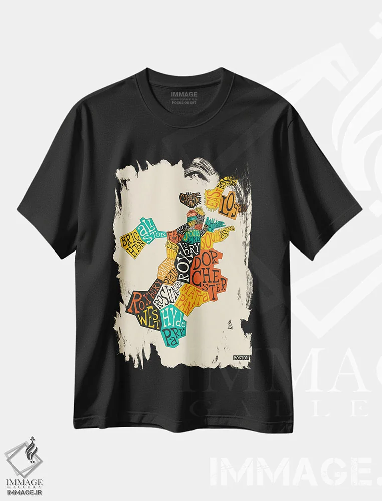 تیشرت مشکی طرح دار بوستون، تزئینی اثر جازبری بلو | immage.ir
