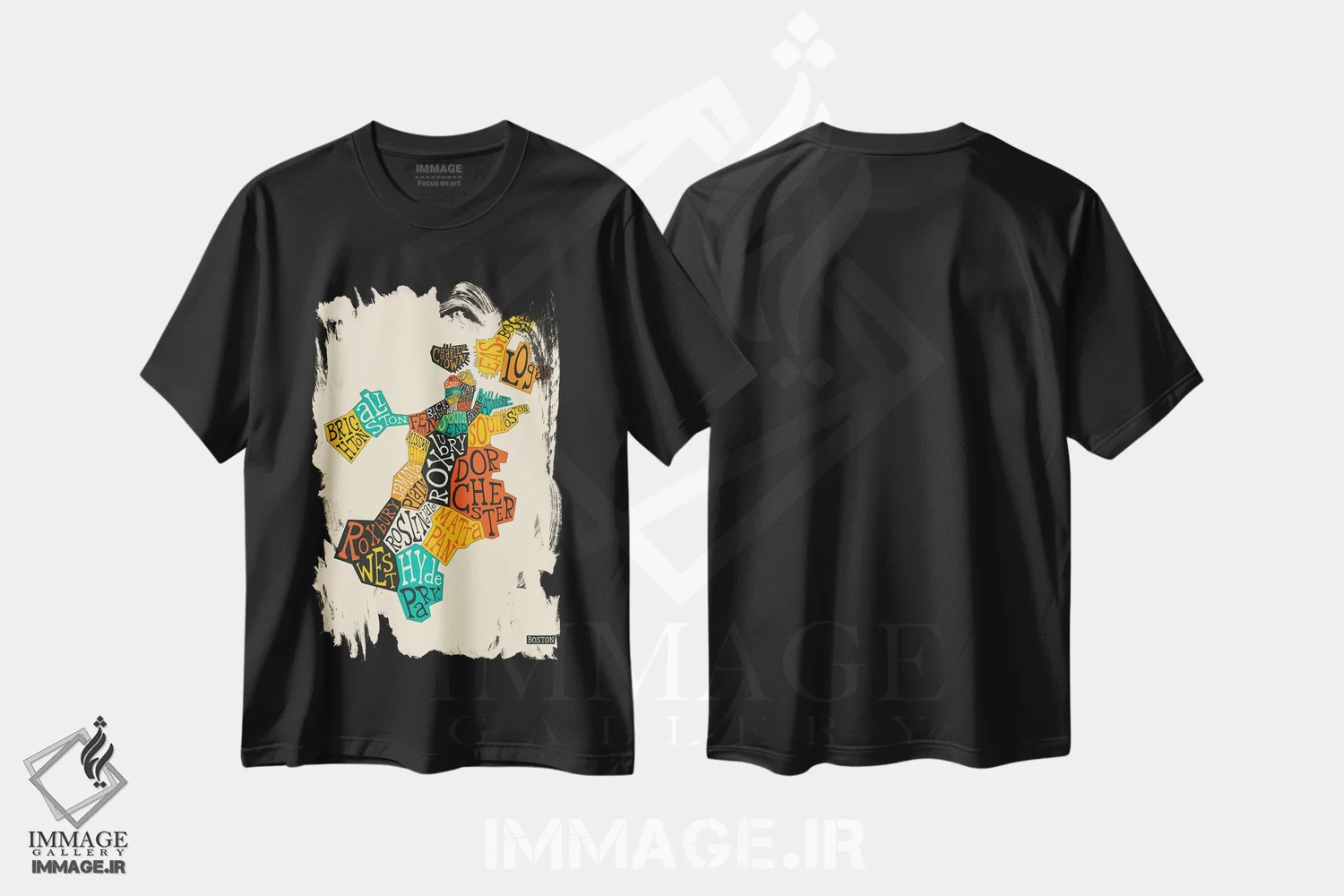 تیشرت مشکی طرح دار بوستون، تزئینی اثر جازبری بلو | immage.ir