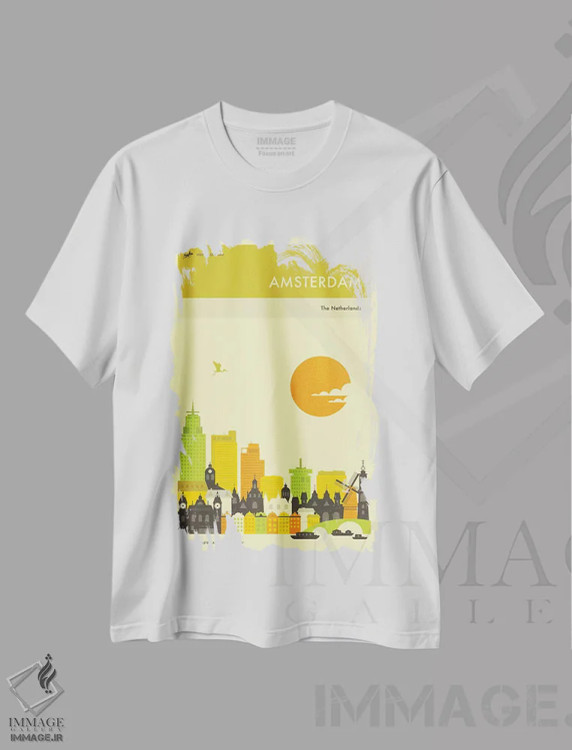 تیشرت سفید طرح دار خط افق آمستردام، هنر دیجیتال اثر جازبری بلو | immage.ir